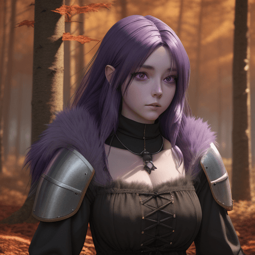 AI generated: Medieval girl with shoulder-length purple hair cold fur clothes black eyes and walking in the autumn...