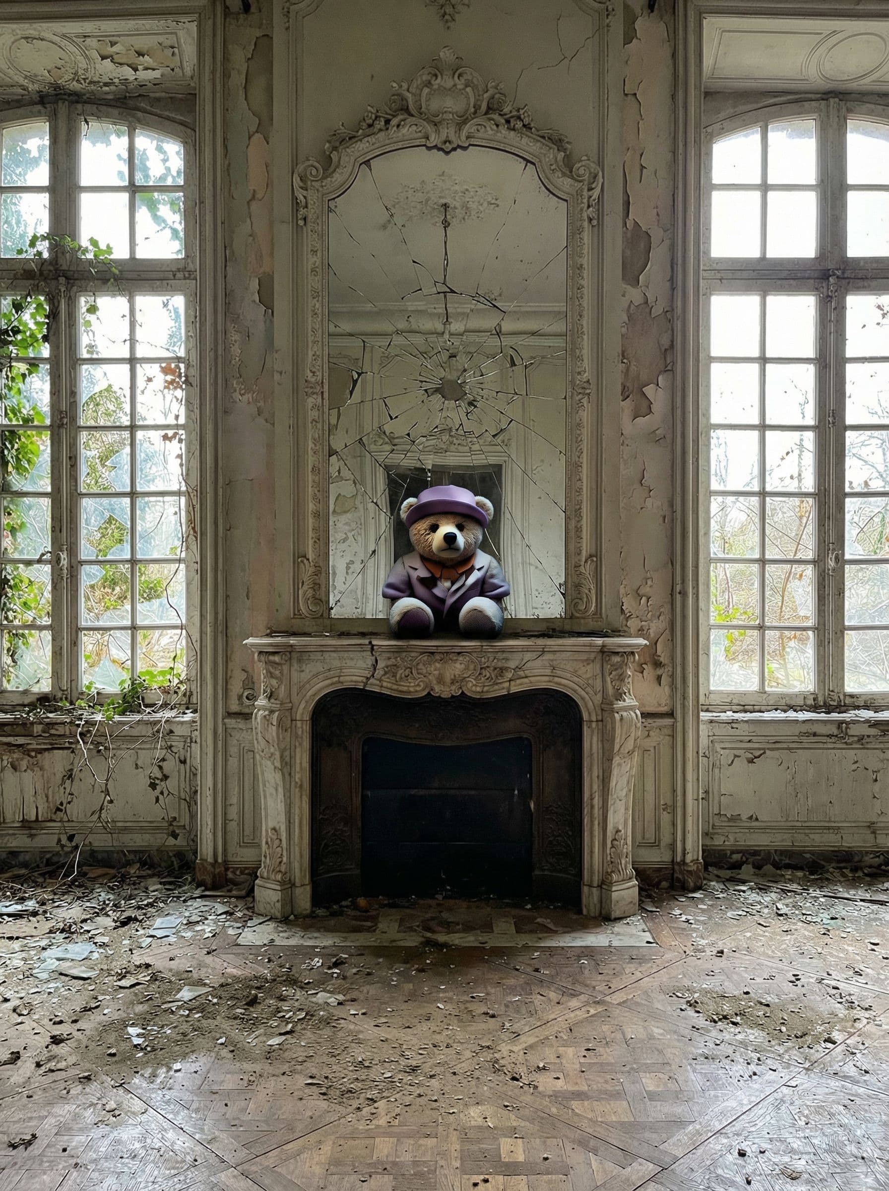 AI generated: old baroque ballroom emphasizing old baroque fireplace with a cracked mirror above it, dilapidated w...