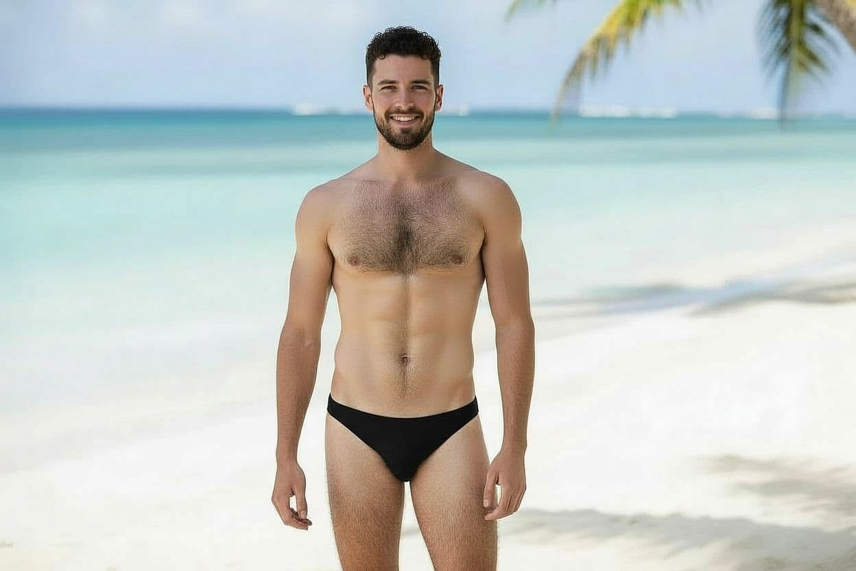 AI generated: Make large bulge to front of swimsuit in groin area
Add a lot more musculature
Add more leg hair
...