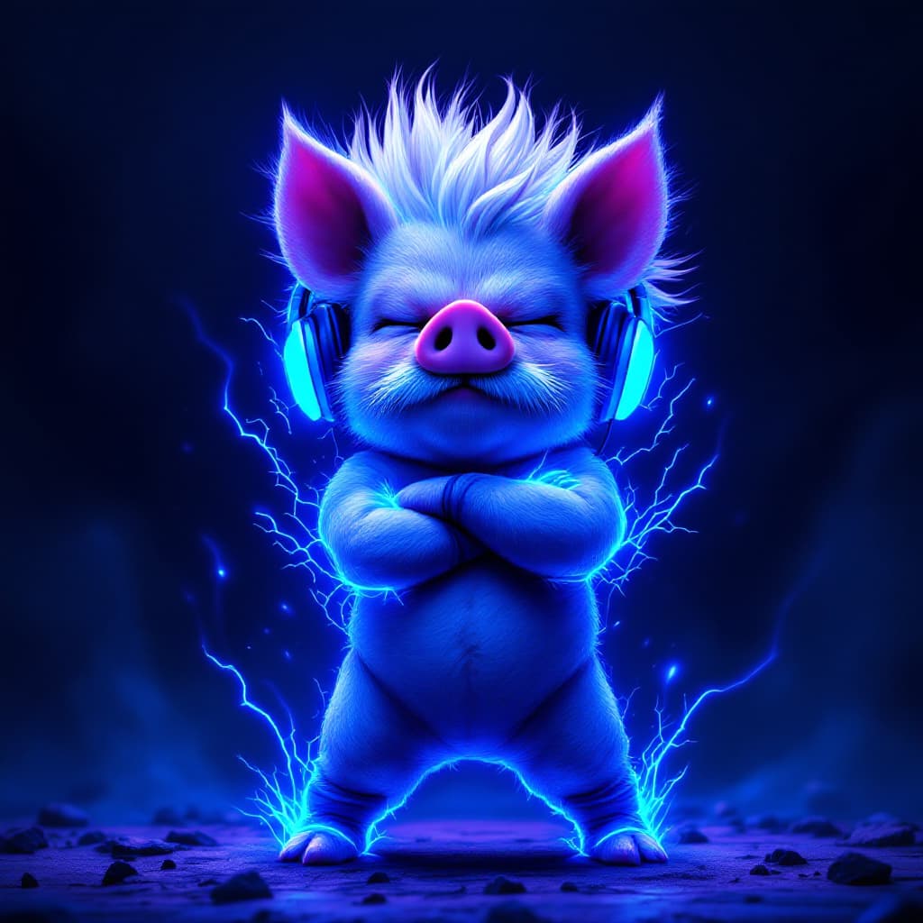 AI generated: A funny little pig with headphones is turning Super Saiyan Blue, his headphones are also turning blu...