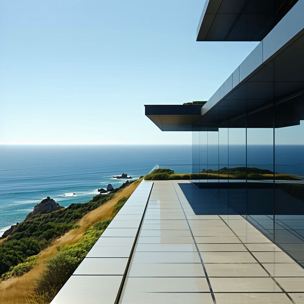 AI generated: Hyper realistic eye level exterior photo of a mid century modern style house overlooking the ocean, ...