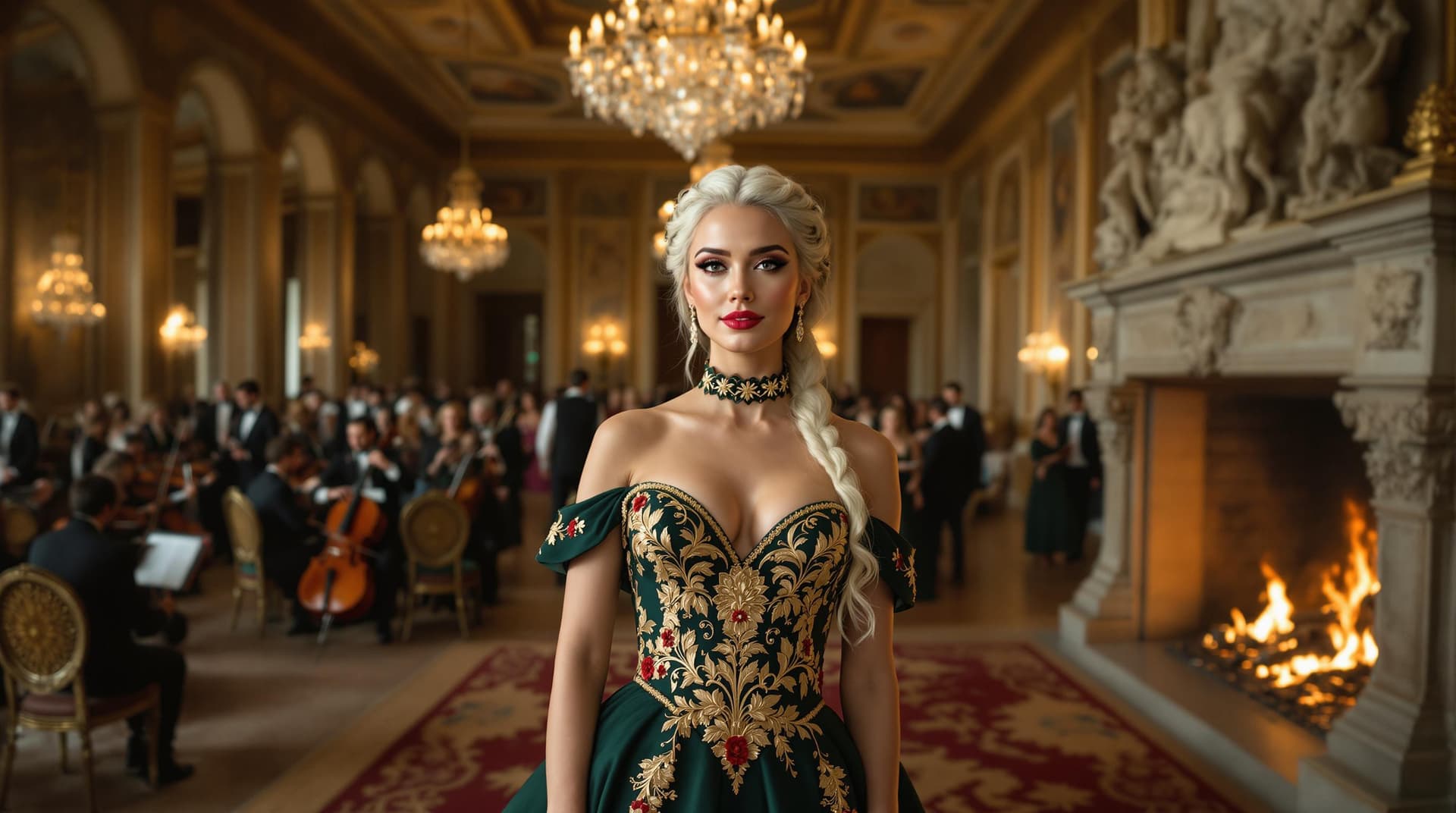 AI generated: a woman standing in the center of a grand, ornate ballroom, surrounded by a crowd of people. Her pla...
