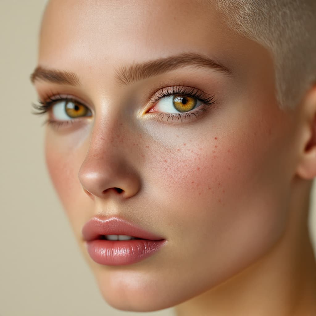 AI generated: Ultra-close portrait of a young bald or buzzcut Caucasian woman with platinum blonde hair, light ski...