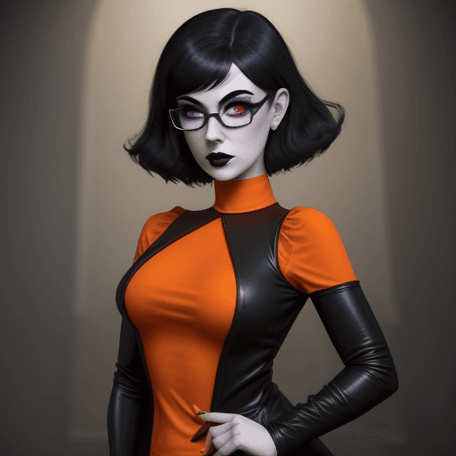 AI generated: goth girl astestic, velma from scooby-doo, a woman wearing eye glasses and an orange top, goth style...