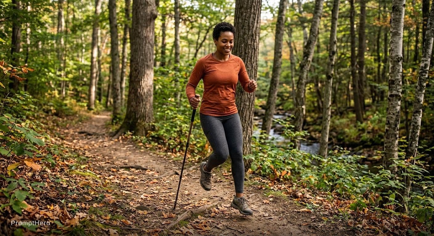 AI generated: a amputee woman without prosthesis
 hopping around in the woods