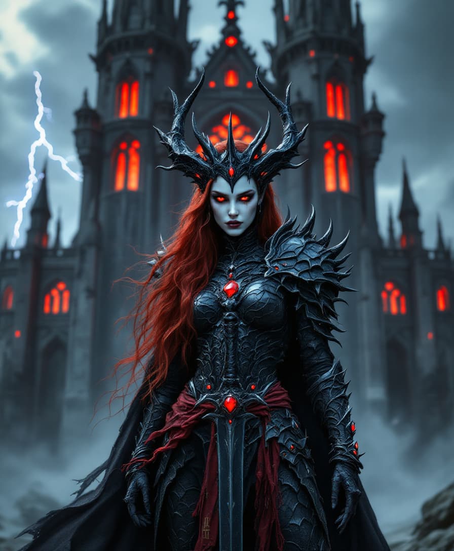 AI generated: A powerful dark fantasy female warrior queen standing before a towering gothic castle with black sto...