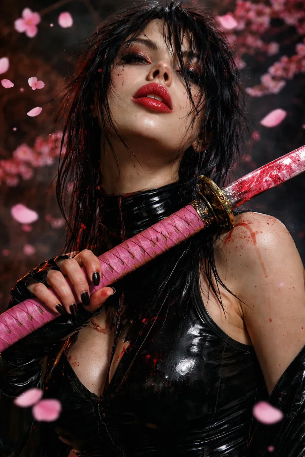 AI generated: A young Caucasian woman with striking features, including full red lips and dark, messy hair, is the...