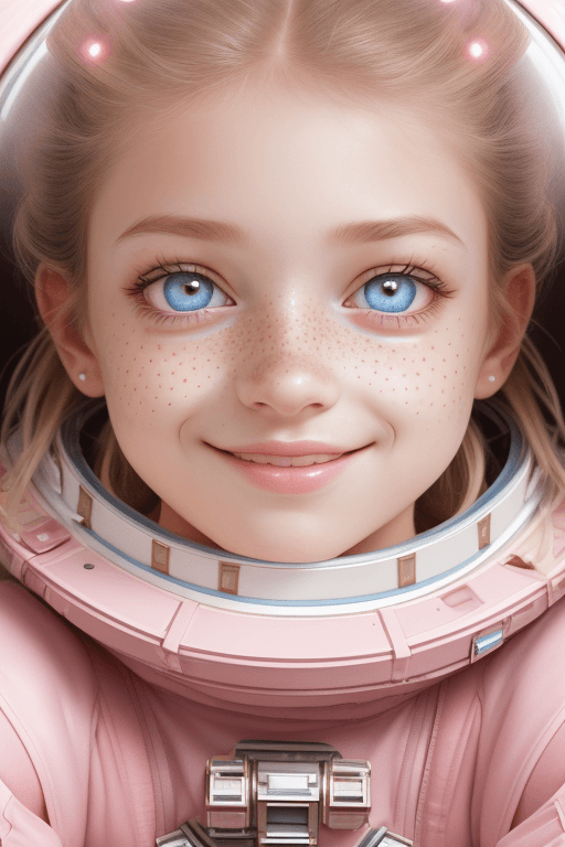 AI generated: close up portrait photo of a young astronaut girl, ((( sitting on a pink cloud))), full body , ultra...