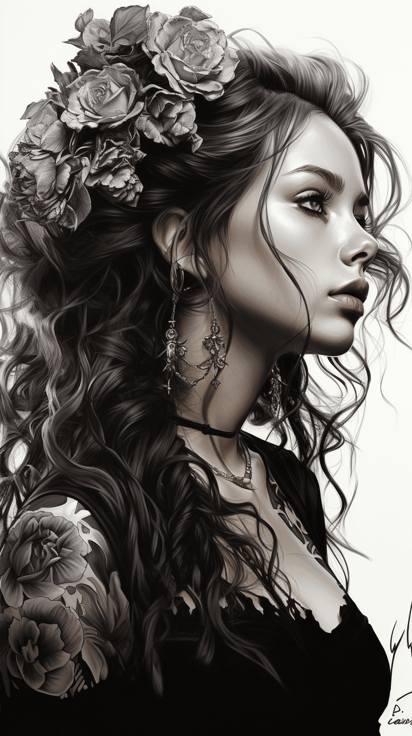 AI generated: black and white portrait of a woman having long hair and a tattoo on her arm, in the style of oliver...