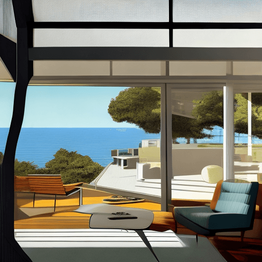 AI generated: Hyper realistic eye level exterior photo of a mid century modern style house overlooking the ocean, ...