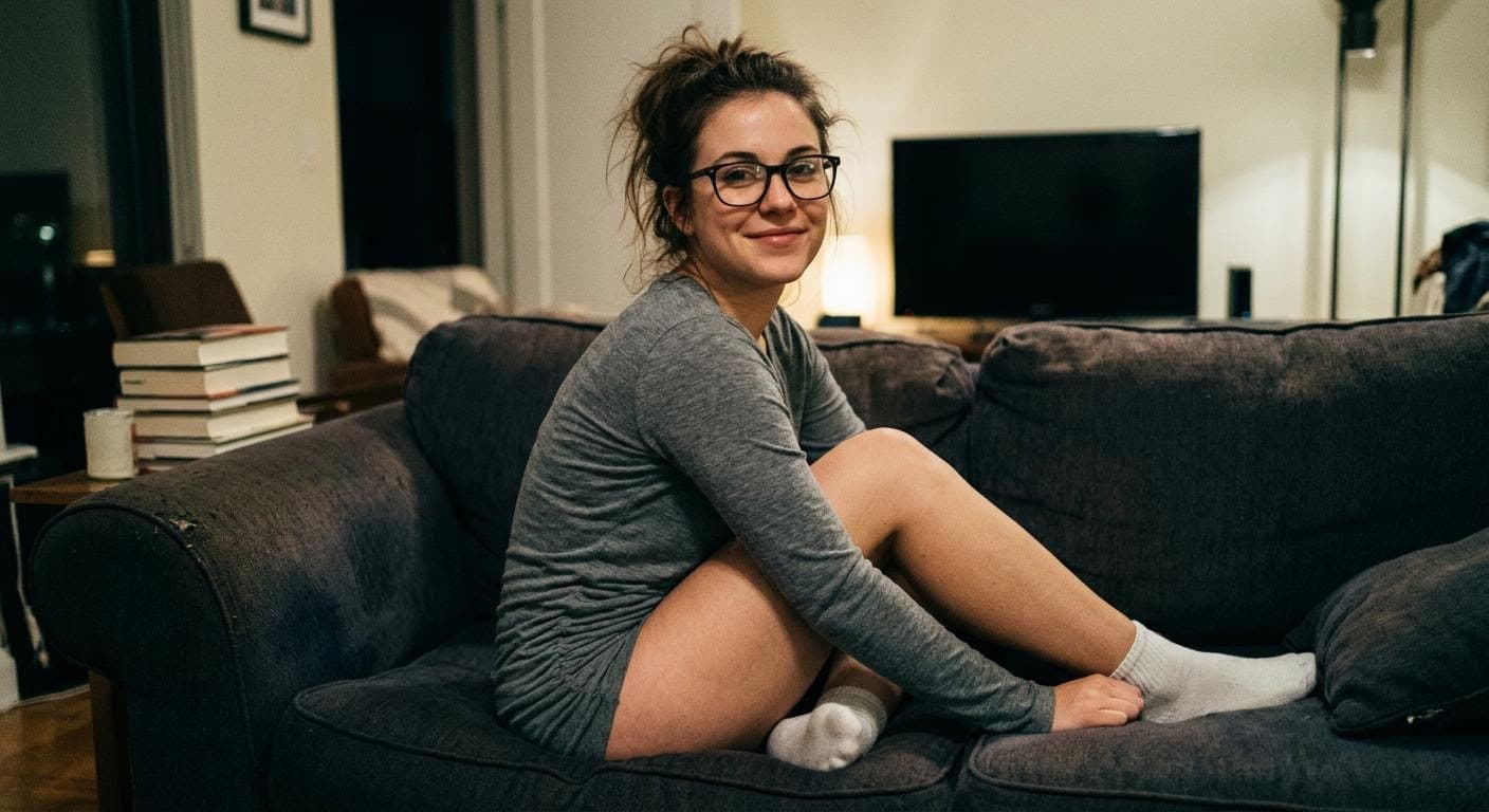AI generated: looking at me,a sloppy snapshot. Sitting on a couch at night, home mini top and white socks, glasses...