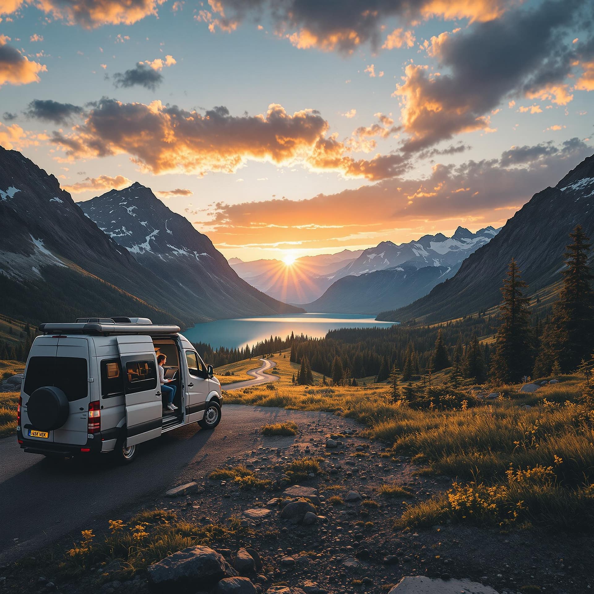 AI generated: A scenic van parked near a mountain lake at sunset, with a solo traveler enjoying the view, laptop i...
