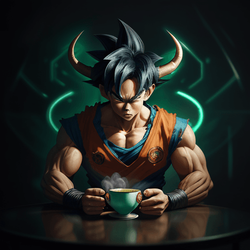 AI generated: a goku sitting at a table with a cup of tea, by Ross Tran, fantasy art, green neon, with horns, artw...
