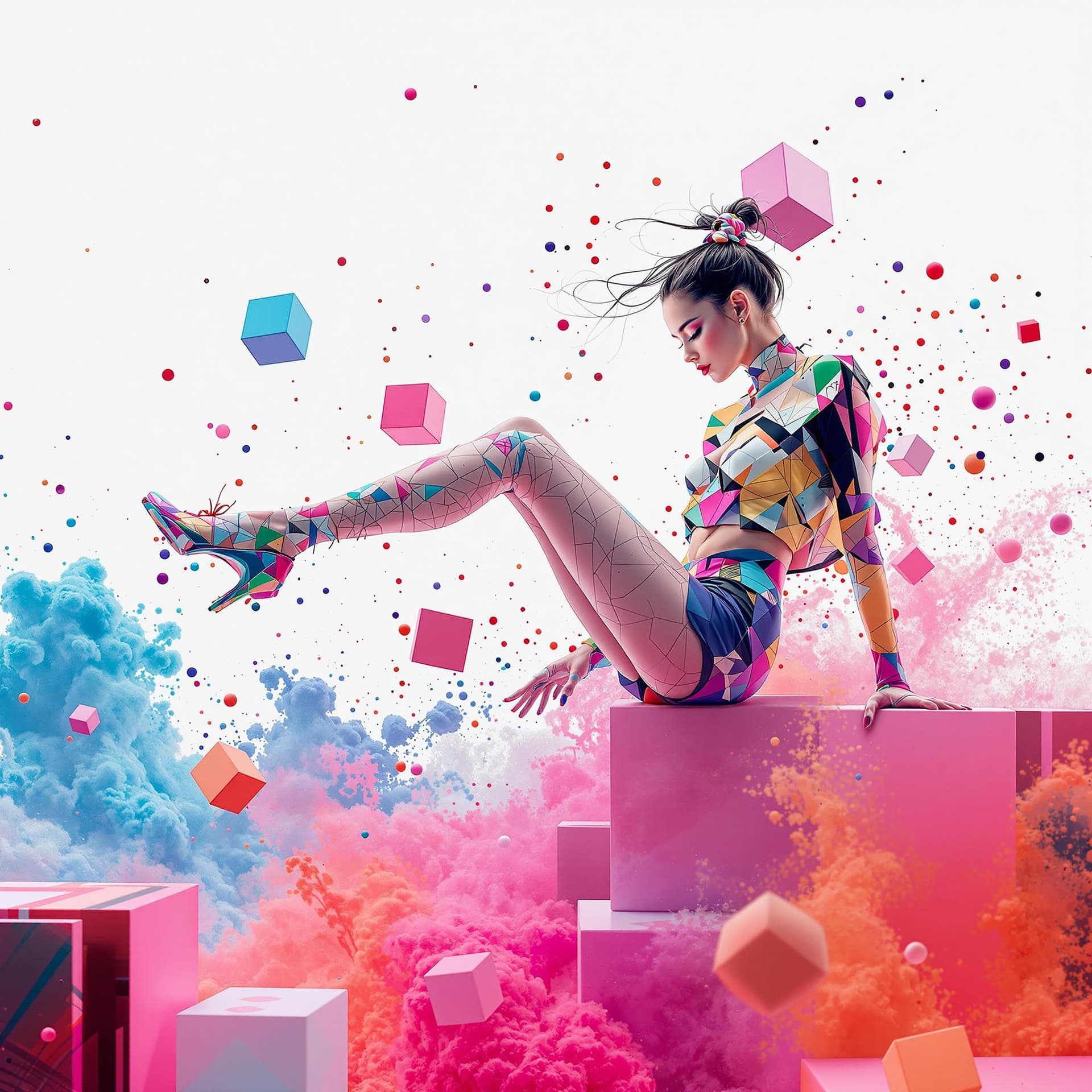 AI generated: minimalistic electro music album cover, perfect cubes, hyper detailsabstract dancing girl, colorful,...