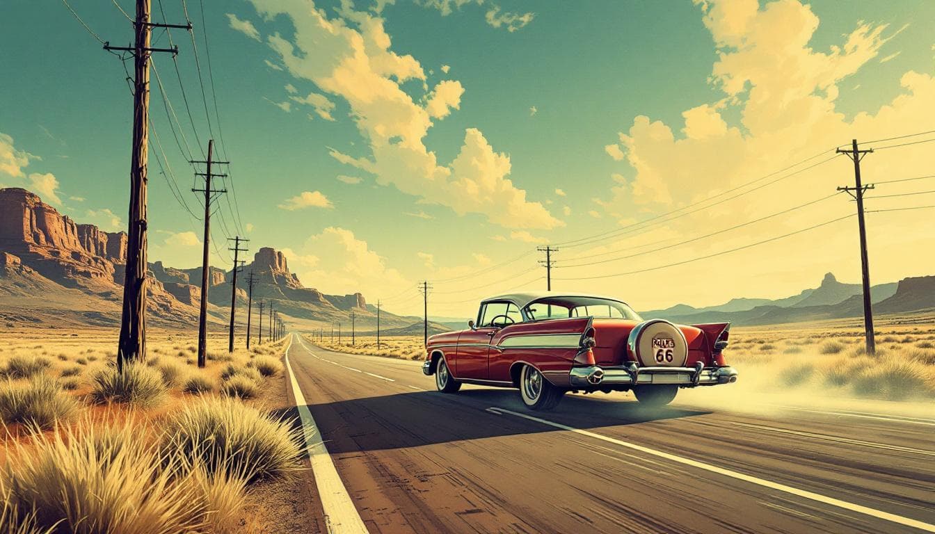 AI generated: i'd like a highly stylized artwork with route 66 tones and theme containing a 1950s or early 1960s c...