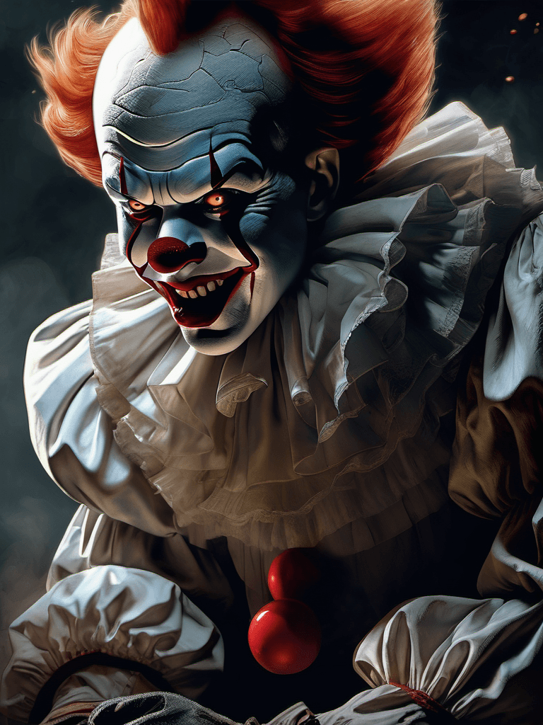 AI generated: scary clown Pennywise, hellish, horror, uncomfortable mysterious atmosphere, digital painting, 8k, i...