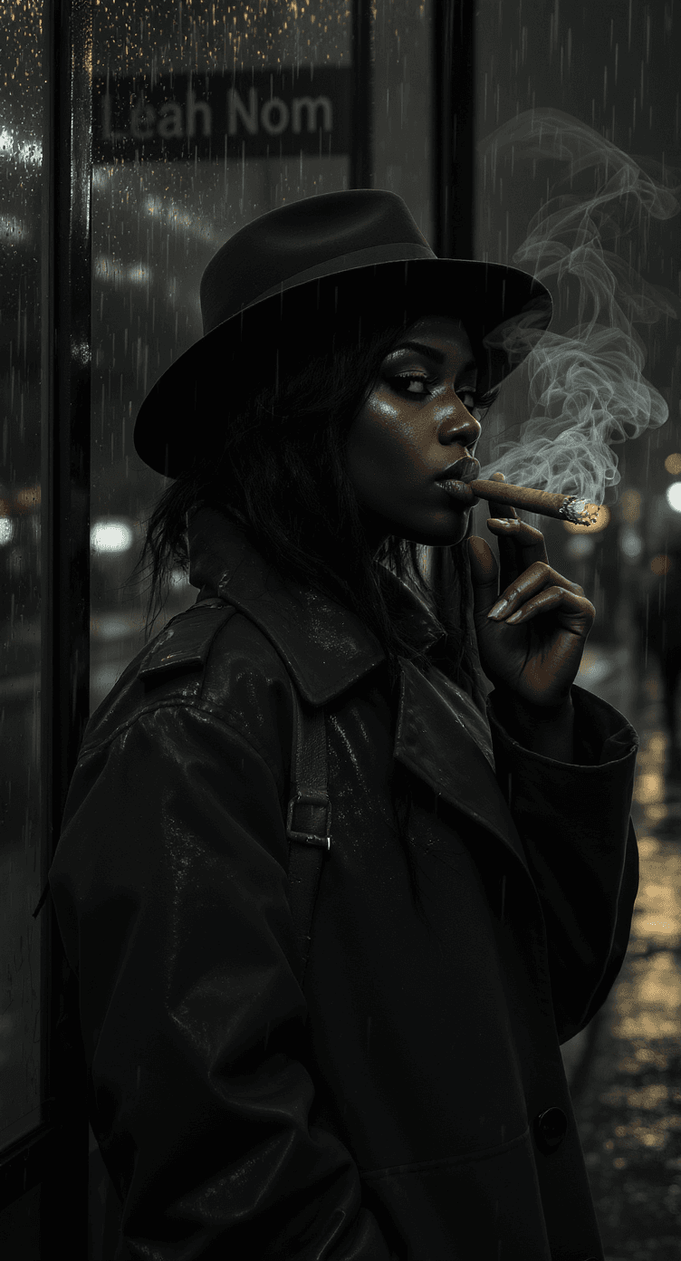 AI generated: African girl, raincoat, black hair, rain, night city, bus stop, smoking a cigar, cigarette smoke, wa...