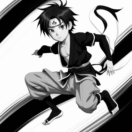 AI generated: no color, perfect anime illustration, portrait of a ninja Boy, jumping, {{{{{{black and white style}...