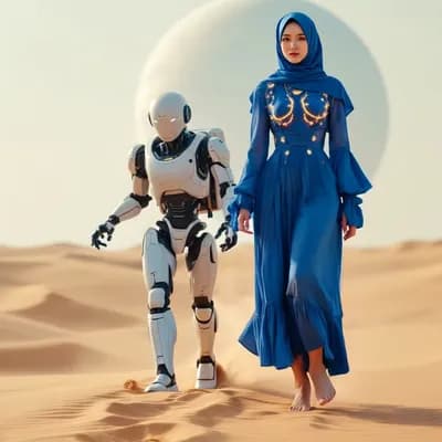 AI generated video: the woman walks barefoot, the robot walk, zoom to the woman feet.
