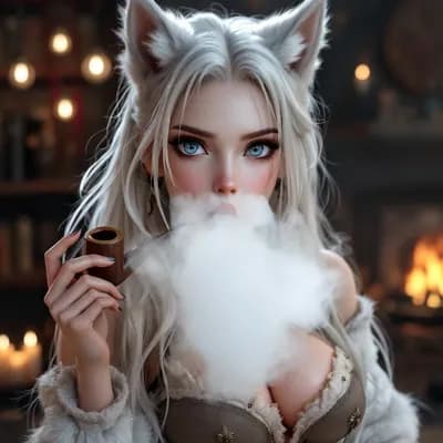 AI generated video: Crossing arms beneath chest. Wolf ears move, twitch and swivel. 