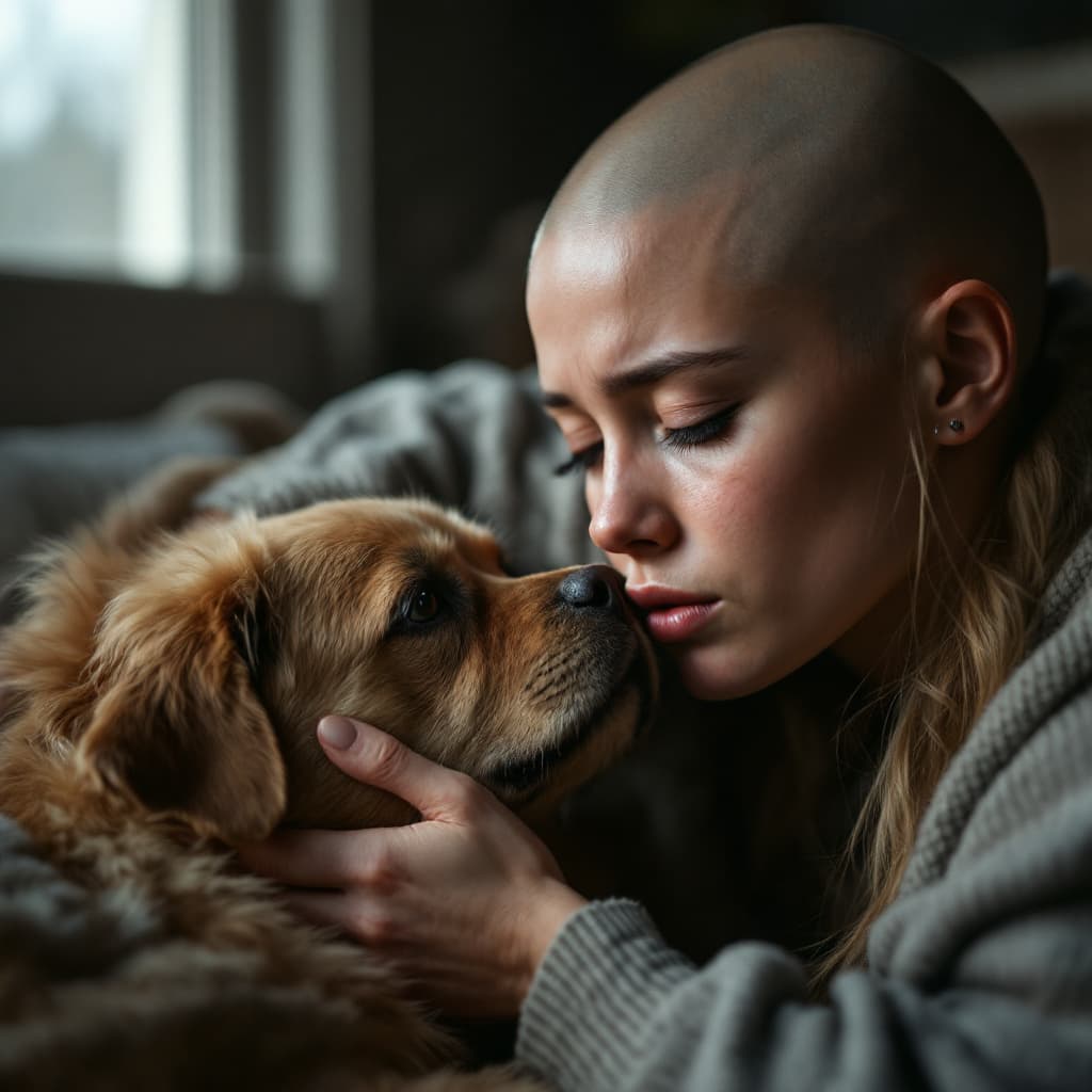 AI generated: A heartwarming scene of a sad teary eyed bald young woman   and a dog sharing a moment of companions...