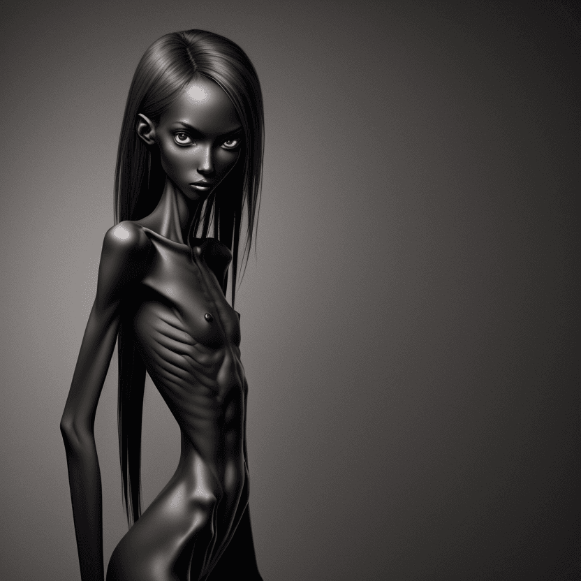 AI generated: extreme beautiful skinny black skinned  slender face of skinny (almost anorexic) girl
