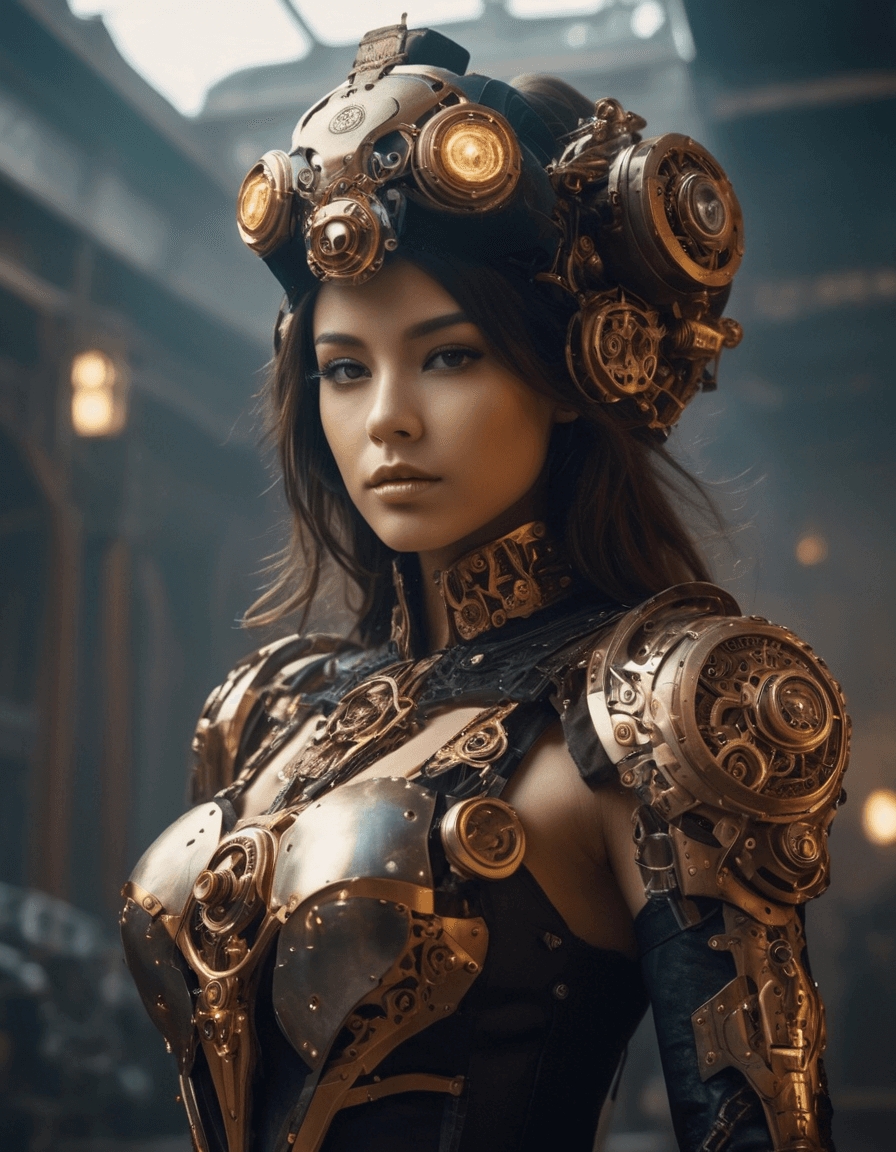 AI generated: (steampunk atmosphere, a stunning girl with a mecha musume aesthetic, adorned in intricate cyber gog...