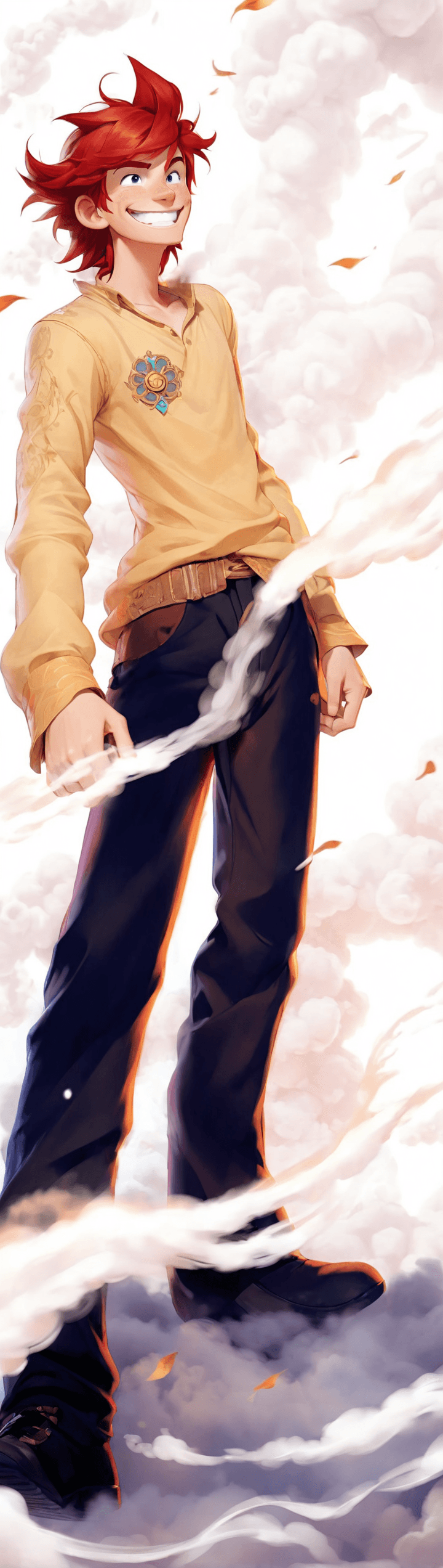 AI generated: man, red hair, with a broad smile, in a cloud of steam surrounding him, damaged clothing, extremely ...