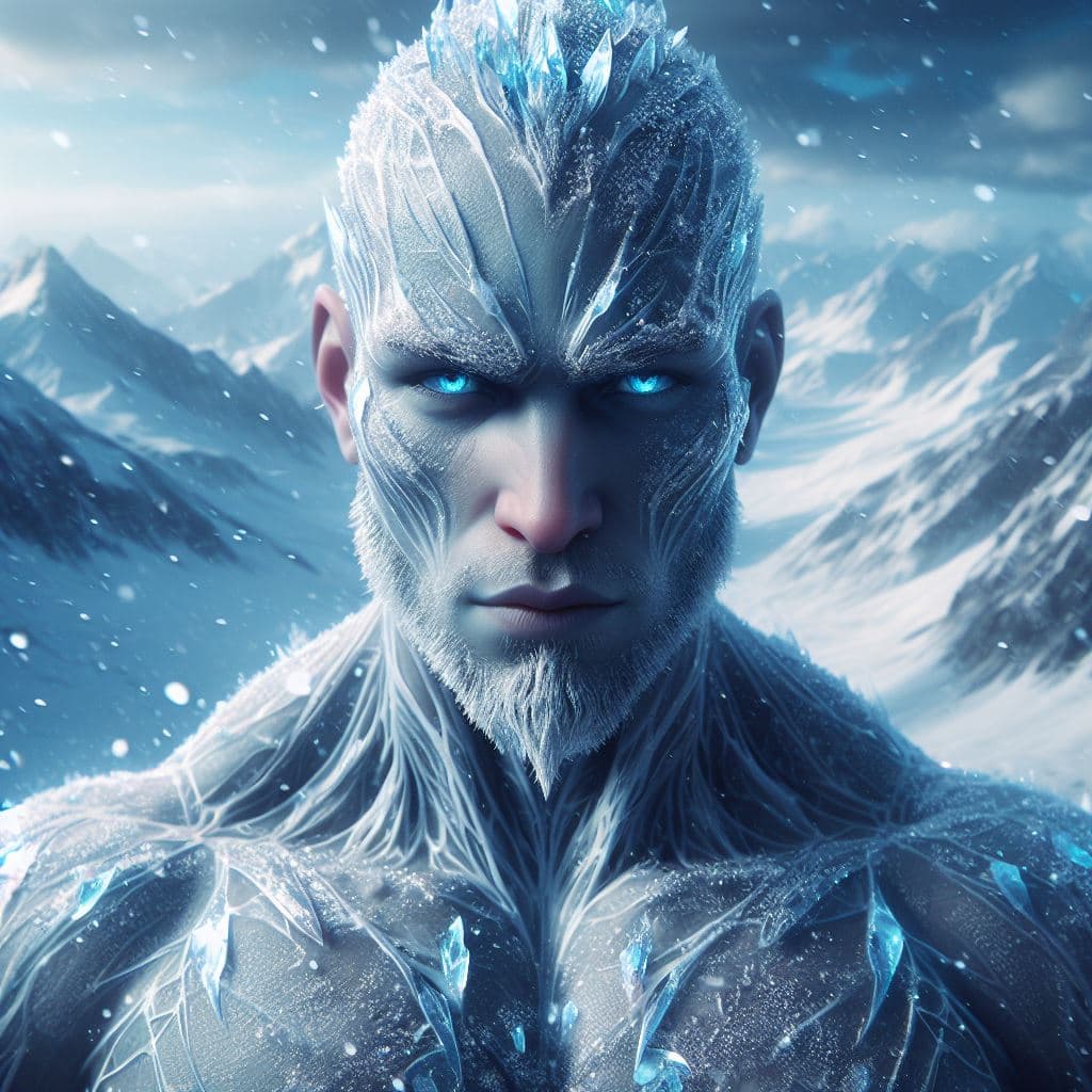 AI generated: In this portrait, Ymir stands tall and proud, his Diamond skin glistening in the icy tundra. His mus...