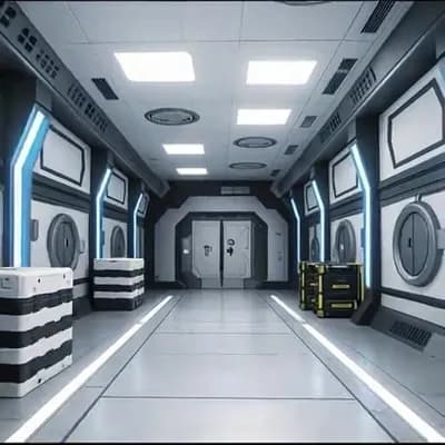 AI generated video: Slow walk to the end of the corridor, looking around. Open the door at the end of the corridor and w...