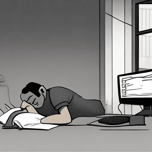 AI generated: a man sleeping in front of his computer, at the office