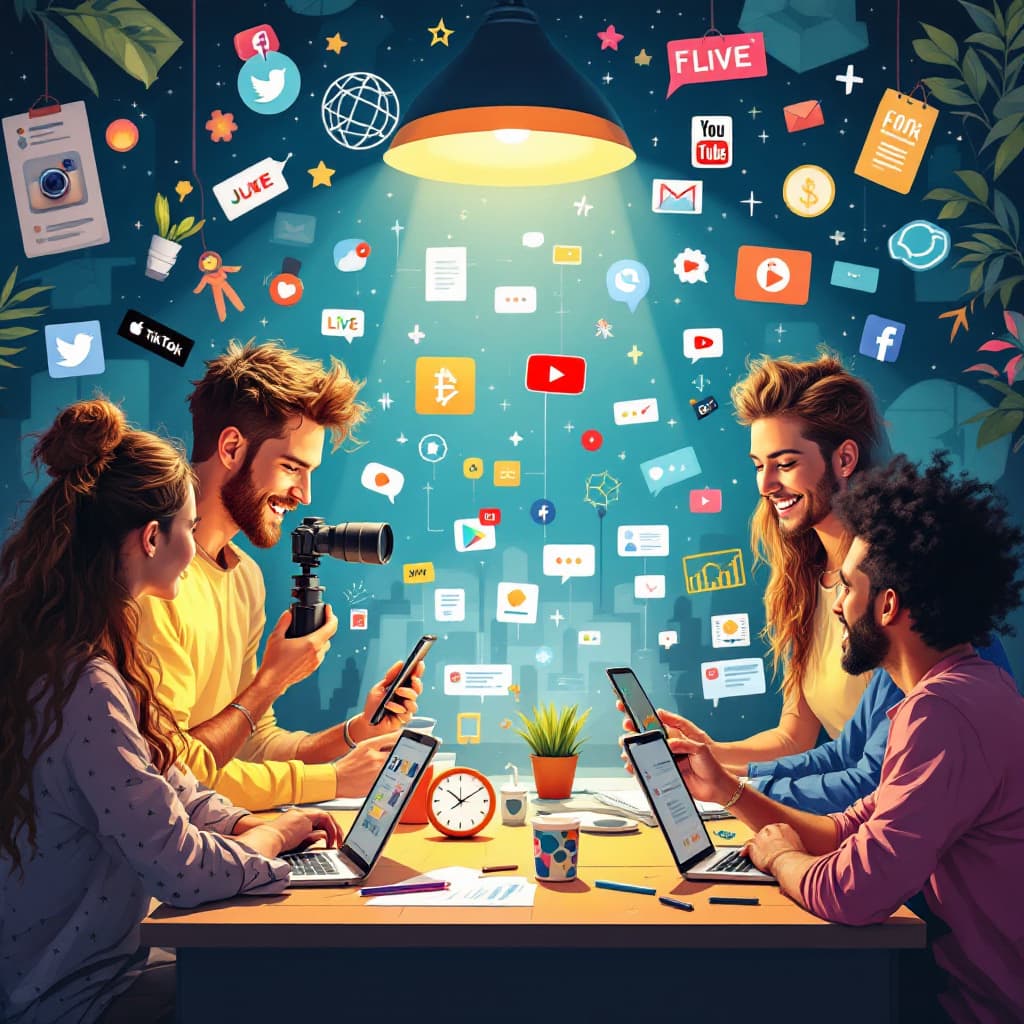 AI generated: Create an image of a diverse group of content creators working across different social media platfor...