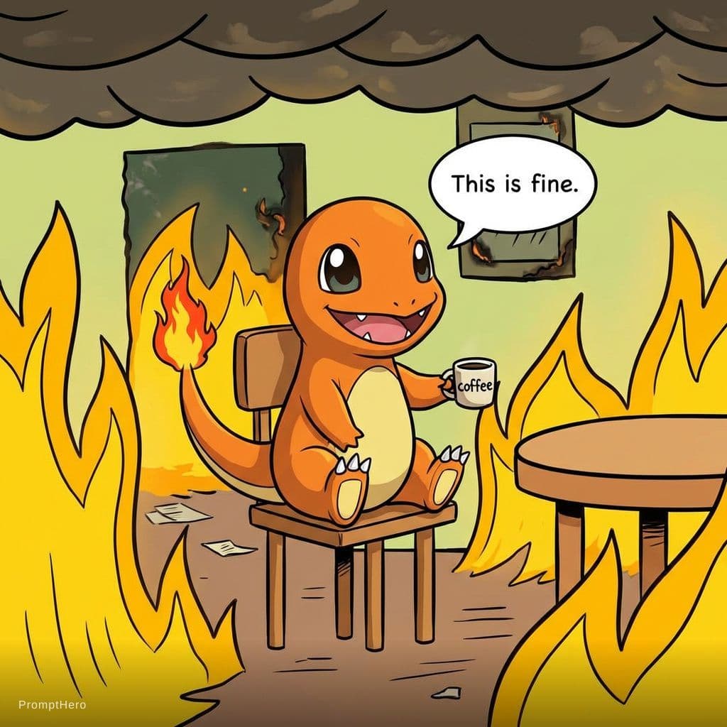 AI generated:  "it's fine" meme but a highly detailed and cute charmander is the one standing in the room in flame...