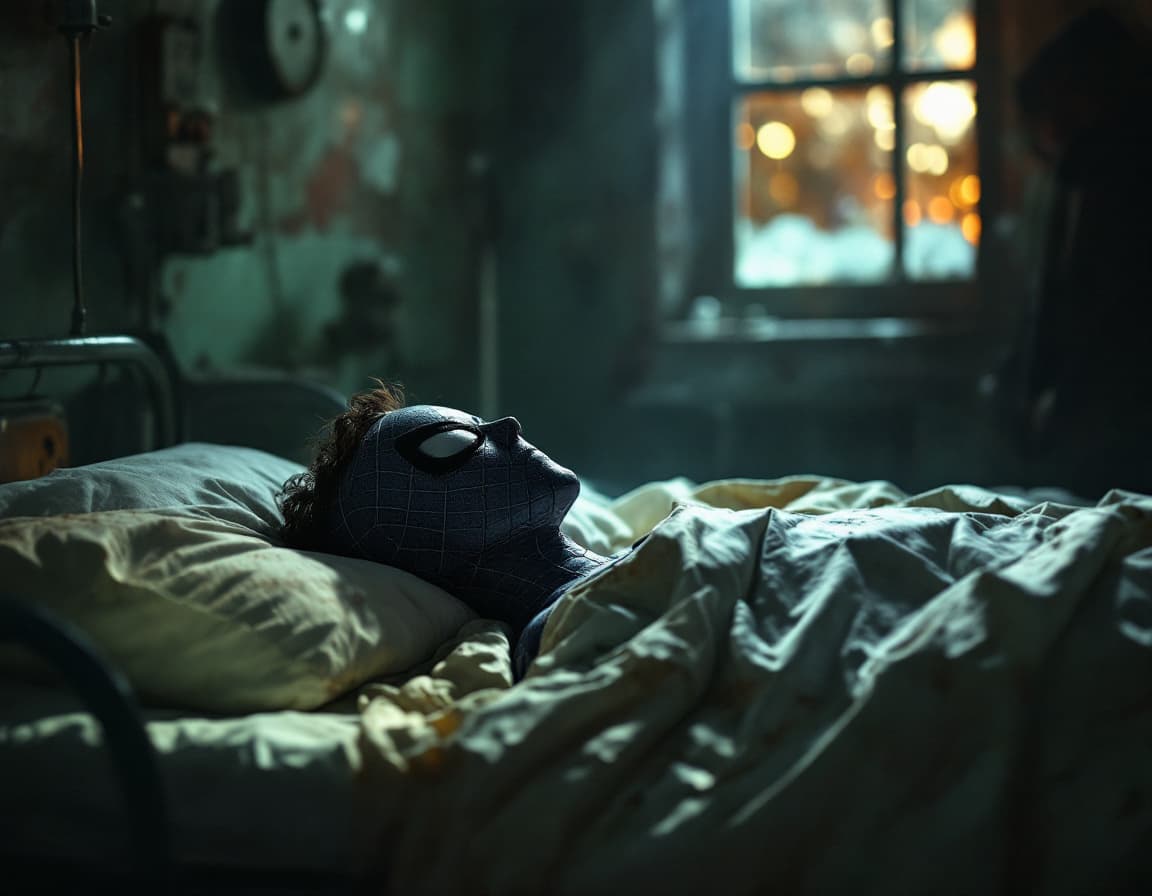 AI generated: spiderman sick, lie on a bed of an old hospital with a priest, warm low lighting high contrast, mixe...