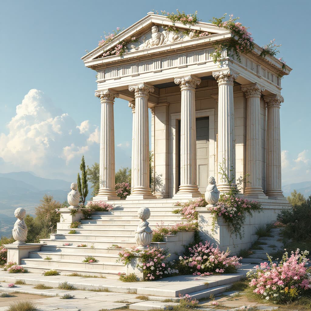 AI generated: A painting of the Temple at Larsonum in ancient Greece, entirely made with spring flowers 
designed ...