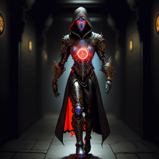 AI generated: Generate an image of a cybernetic mystic in an ancient corridor. The figure has a robotic face with ...