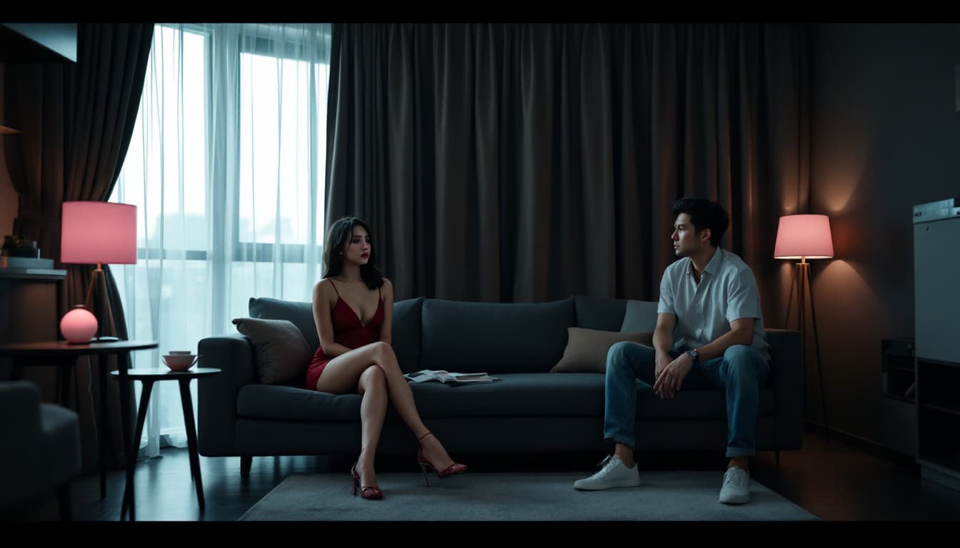 AI generated: A high-resolution movie scene, featuring the small living room of a modern, trendy motel with a slig...