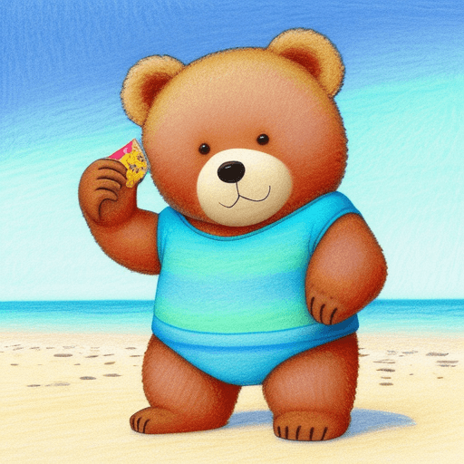 AI generated: An adorable bear is eating snacks and standing at a sunshine beach. color pencil style
