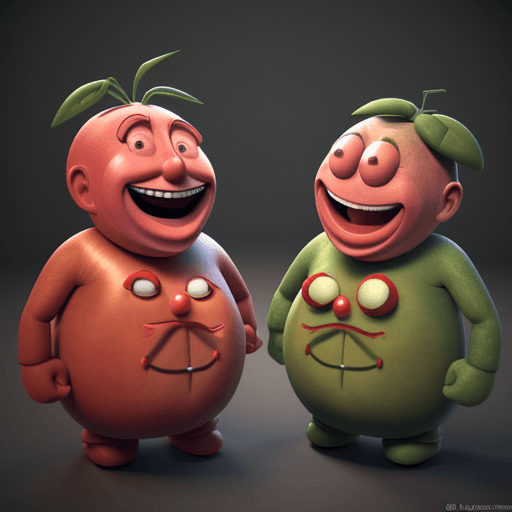 AI generated: Hyper realistic 3d render of 2 tomatomans talking and laughing to each other