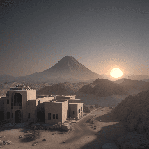 AI generated: Photo of a ultra realistic Research center, mountain building, circle and square shapes, Syria, dram...