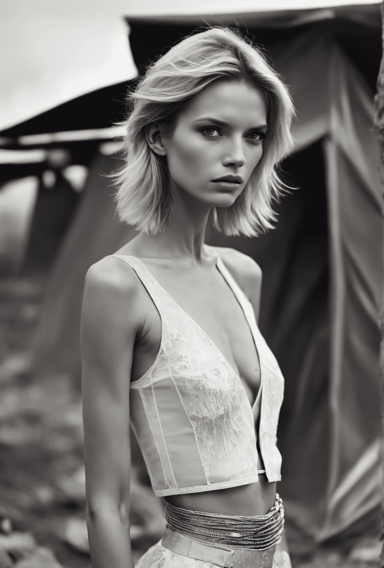 AI generated: Fashion editorial style instant photo masterpiece photo of a supermodel, Slender and petite with a d...