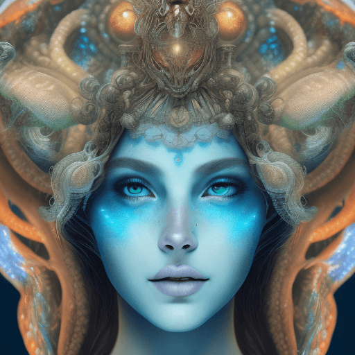 AI generated: Goddess close-up portrait ribcagel. jellyfish phoenix head, nautilus, orchid, skull, betta fish, bio...
