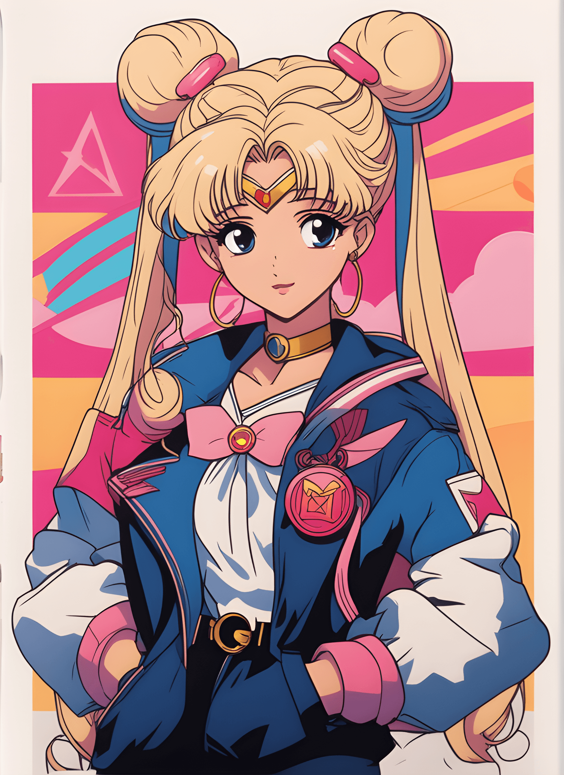 AI generated: anime girl with blonde hair and a jacket with a pink background, sailor moon style, sailor moon aest...