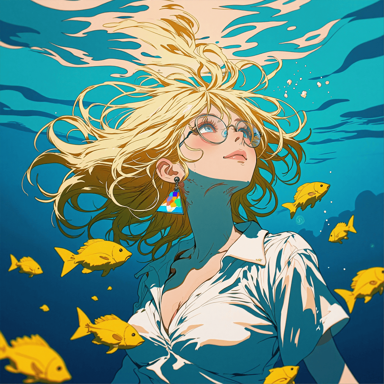AI generated: A vertical anime illustration of a beautiful blonde girl submerged underwater. She has wavy shoulder...