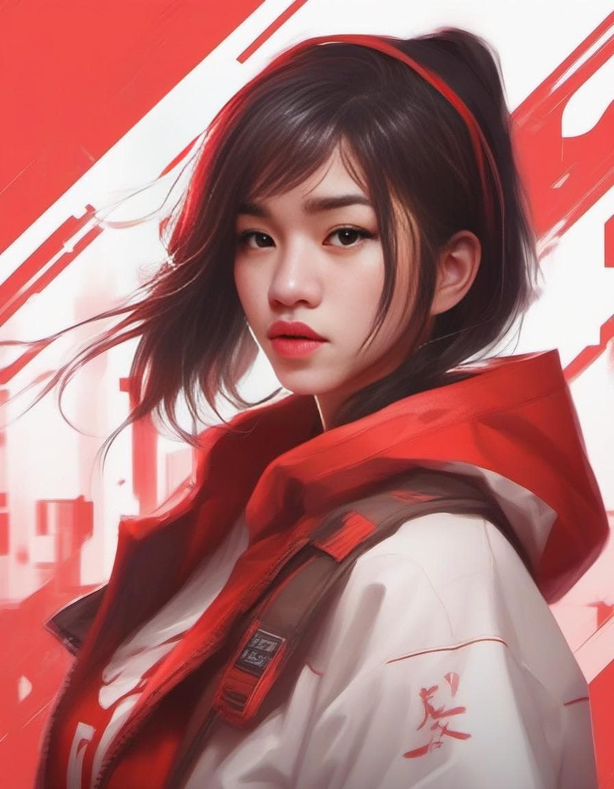 AI generated: a woman wearing a red hoodie and a white sweatshirt, cyberpunk art by Lü Ji, trending on cg society,...