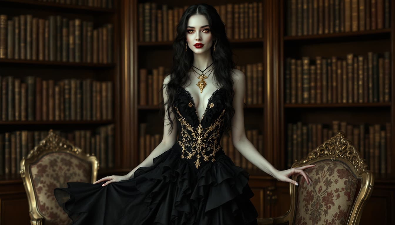 AI generated: A graceful vampire woman stands tall and poised, commanding attention with her regal and captivating...