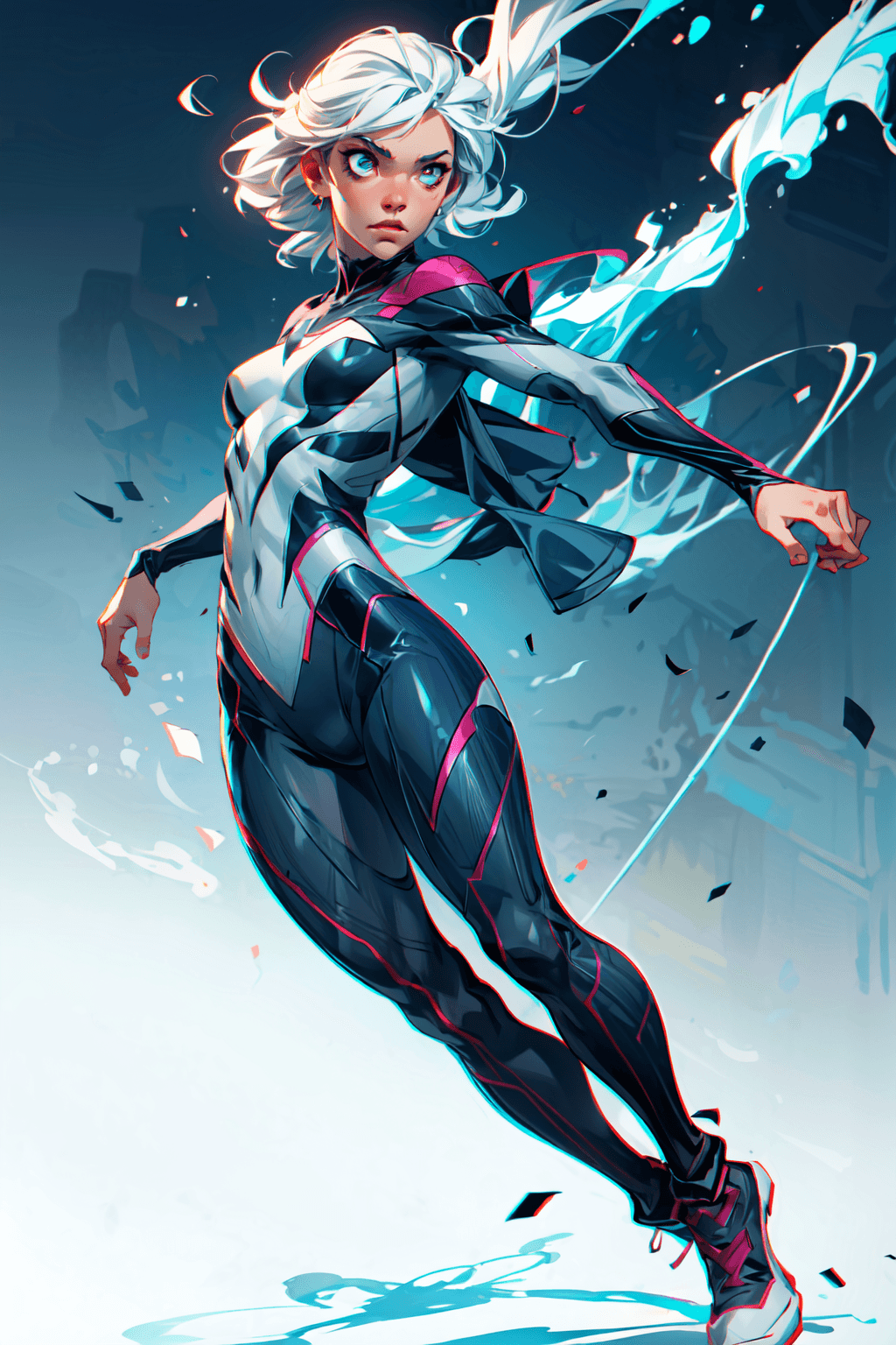 AI generated: (1girl, full body), (spider Gwen), action scene, dynamic pose, dramatic lighting, (photorealistic, p...