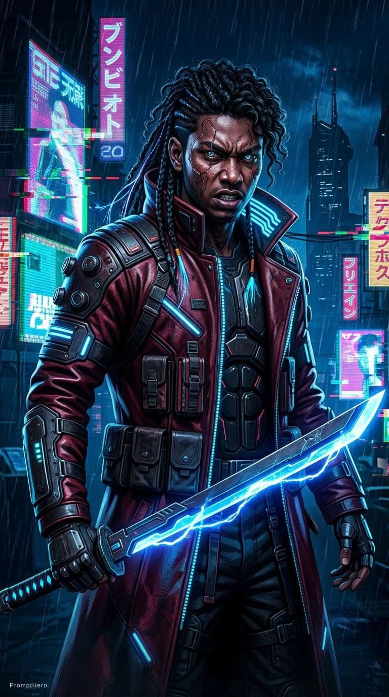 AI generated: A powerful Cyberpunk bounty hunter, dressed in a [dark red and black armored trench coat], gripping ...