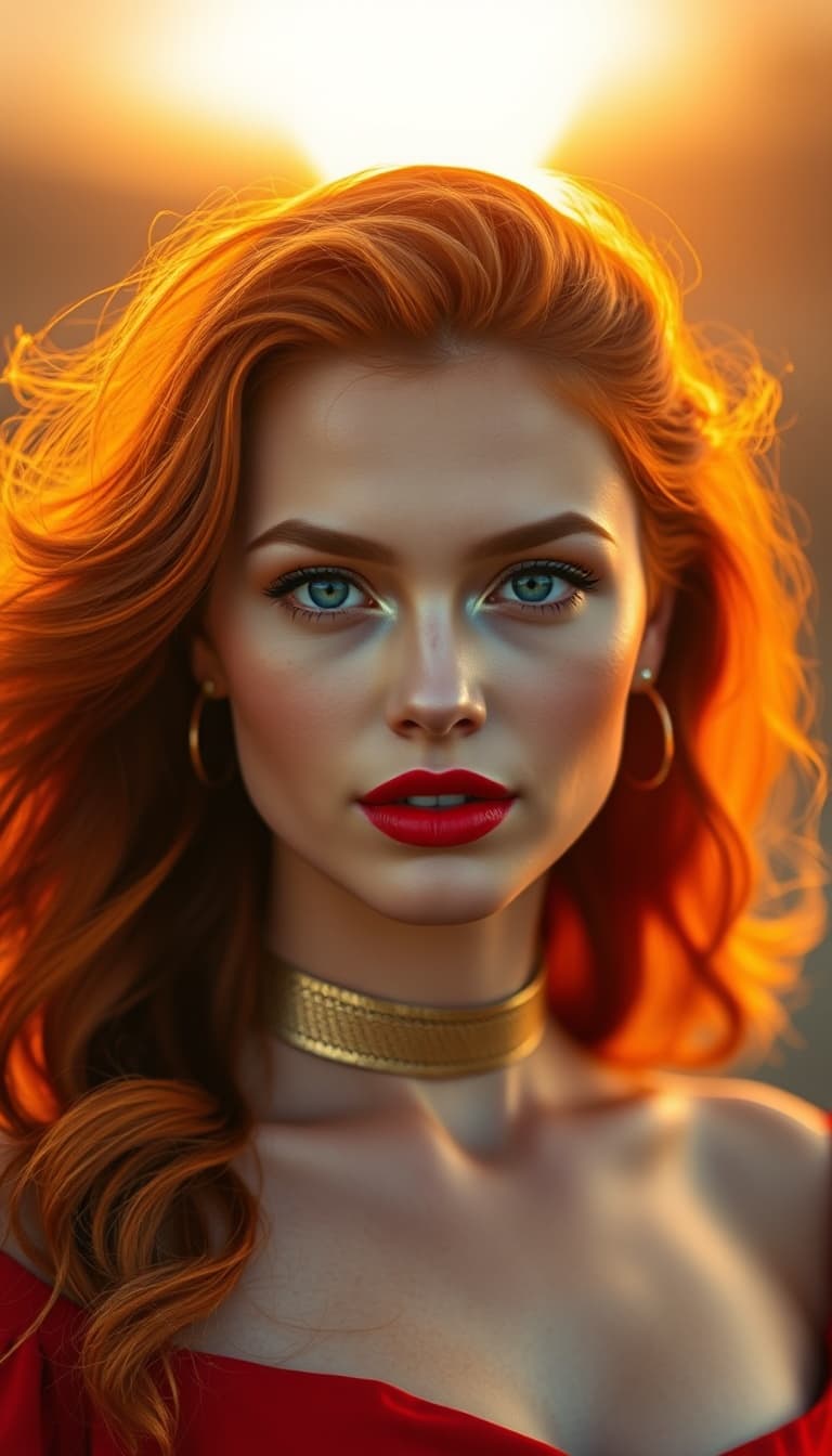 AI generated: "Fine art fashion portrait, warm golden hour light, bright vibrant colours. Supermodel with fair ski...