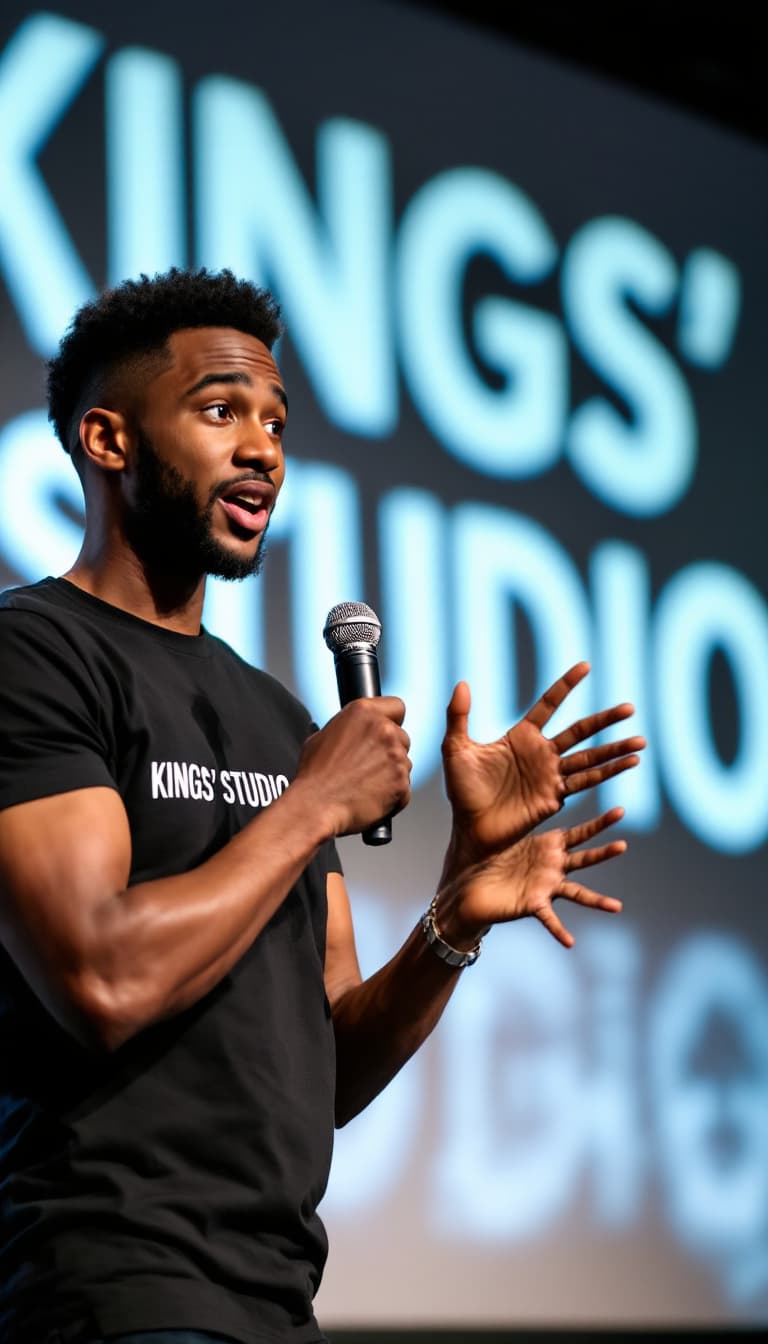 AI generated: An up-close image of a young, fair-skinned African person giving an animated talk about artificial i...